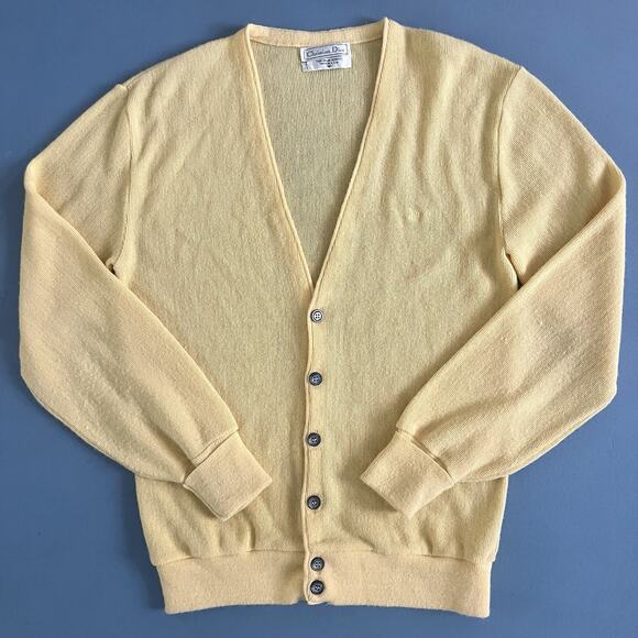 Vintage Christian Dior Yellow Cardigan Orlon Acrylic USA Grandpa Sweater - Picture 3 of 5